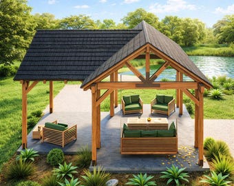 3-Gable Timber Frame Pavilion Plan, Outdoor Living Space Blueprints, Pergola structures