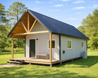 16'x24' Cabin Plans with Covered Porch: Cottage, Guest House (Digital Download)
