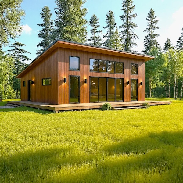 26’x36’ Lean Cabin Arkitektonisk Fullständig Planritning, Moderna Stuga Byggritningar med Veranda