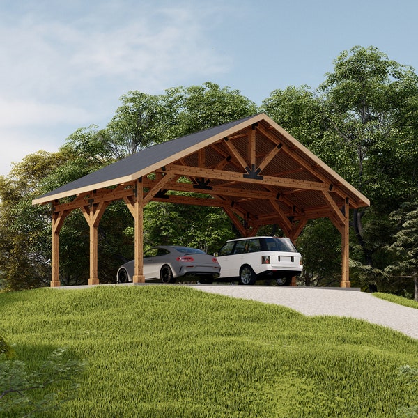 30'x20' Carport Plan , Traditional style Post Gable Complete Pavilion DIY drawings with Material and Cut list