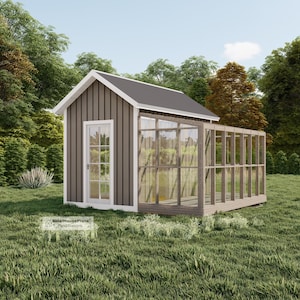14' x 14' Garden Shed Plans , Greenhouse with Storage, Timber Frame Greenhouse Shed Blueprints