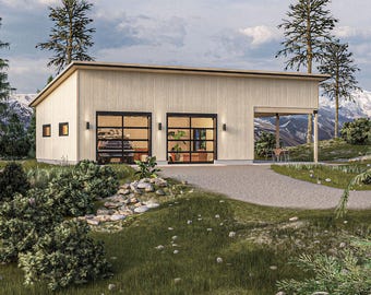 Modern 2-Car Garage Plan with Carport  (PDF Download) | Detached Garage Blueprints