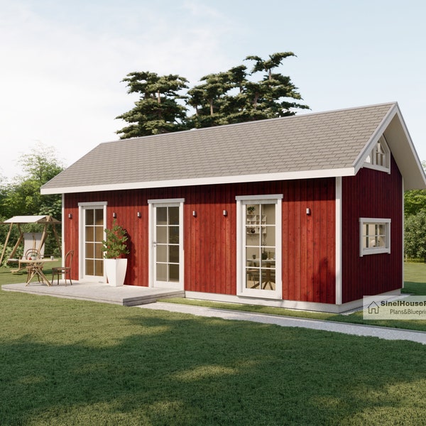 12'x28' Cabin House Plans / Two-Bedroom Tiny house  with Loft /  455 SF Cabin Building Blueprint