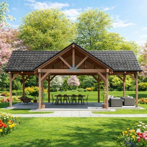 Plano de pabellón a dos aguas, plano de construcción de cenador de 643 pies cuadrados, planos de pabellón con estructura de madera