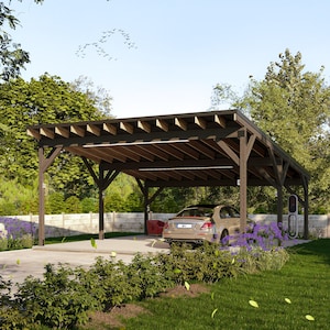 May include: A wooden carport with a brown roof and dark brown support beams. A tan sedan is parked underneath, with an electric vehicle charging station visible. The carport is surrounded by greenery and purple flowers.