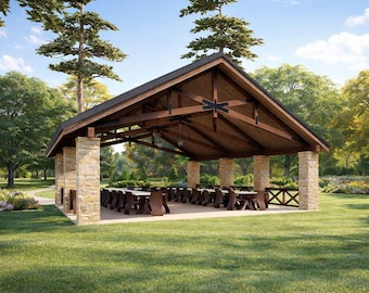 36'x38' Large Timber Frame  Pavilion Plans, Commercial Outdoor Canopy Blueprints