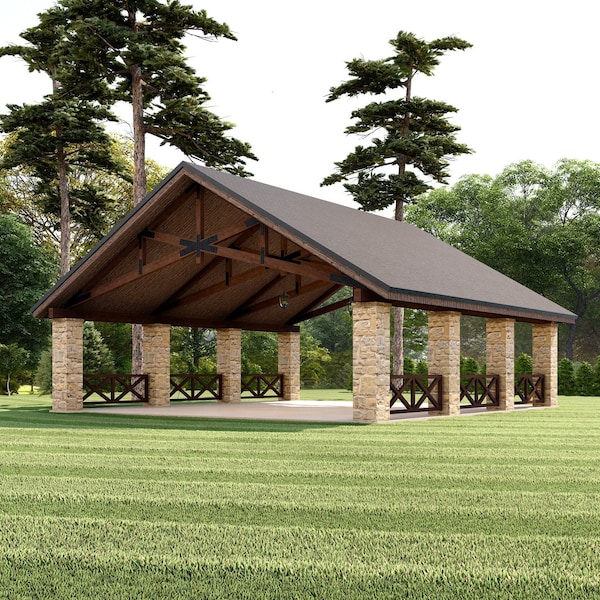 36'x38' Large Timber Frame  Pavilion Plans, Commercial Outdoor Canopy Blueprints