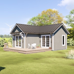 Plattegrond huisje/klein huis, 628 SF. Huisblauwdrukken in cottage-stijl