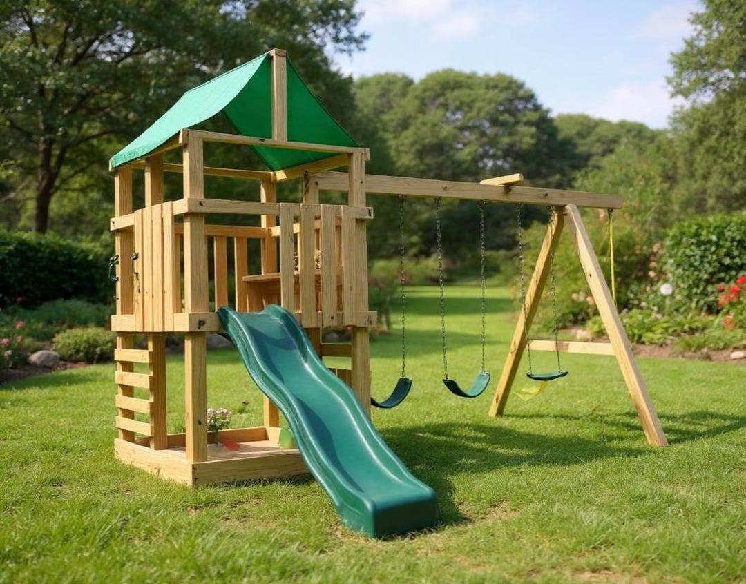 Swing Set How To Build A Raised Platform For Playhouse Kids Playhouse Swing  Set Plans: DIY Woodworking Blueprints (PDF, image size:1080x846