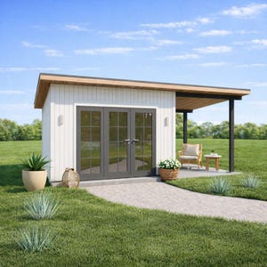 10'x20' Modern Garden Shed Plans with Porch, Small Garden Studio House Construction drawings