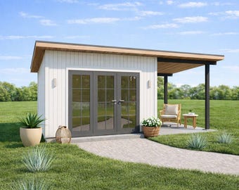 10'x20' Modern Garden Shed Plans with Porch, Small Garden Studio House Construction drawings