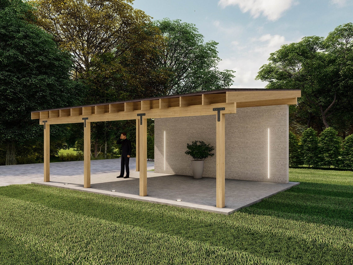 16x24 Lean to Pavilion Plans With Concrete Wall Modern Etsy