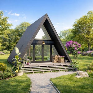 May include: A-frame cabin with a black exterior and large glass windows. The cabin sits on a wooden deck with a stone pathway leading to it. Lush greenery and flowers surround the cabin, creating a serene outdoor setting.