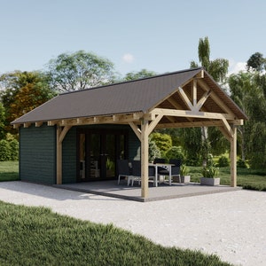 Plannen boerderijpaviljoen, 14'x26' houtskeletbouw poolhouse blauwdrukken, tekeningen achtertuin schuur