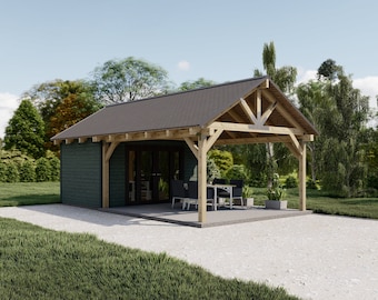 Farmhouse Pavilion Plans, 14'x26' Timber Frame Pool House Blueprints, Backyard Shed Drawings