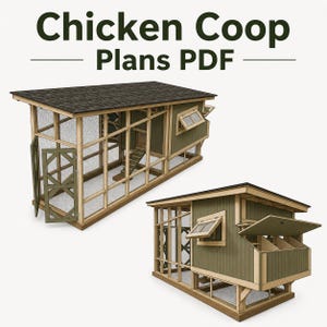 Puede incluir: Dos ilustraciones detalladas de gallineros. Los gallineros están construidos con marcos de madera, malla de alambre y revestimiento verde. El texto "Chicken Coop Plans PDF" se muestra en la parte superior de la imagen en verde oscuro.