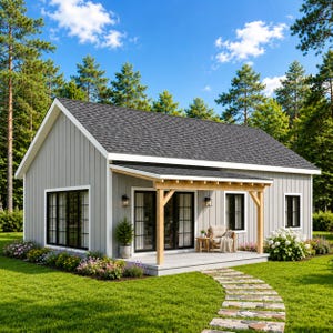 May include: A single-story house with light gray vertical siding, a dark gray shingled roof, and a wooden pergola over a concrete porch. The exterior features black-framed windows and glass doors, with a stone path leading to the entrance.