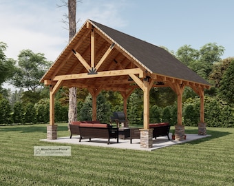 16x20 Garden Pavilion Plans , Outdoor Gazebo Blueprints , Traditional Style Carports.