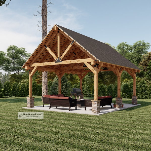 16x20 Garden Pavilion Plans , Outdoor Gazebo Blueprints , Traditional Style Carports.