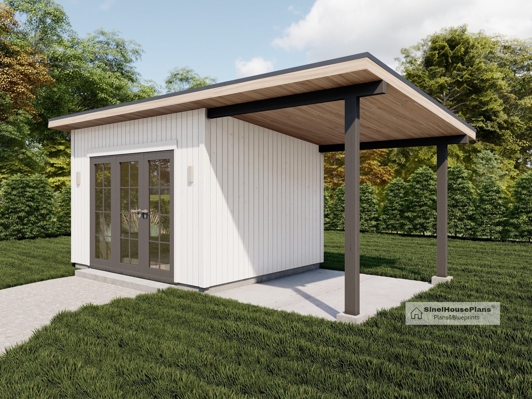 Planos de cobertizo de jardín moderno de 10' x 20' con porche, planos de  construcción de casa tipo estudio con jardín pequeño - Etsy México, image size:2250x1688