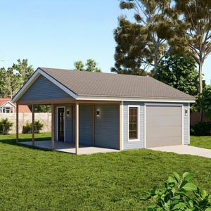 One Car Garage Plan with Porch, 24&#39;x 22&#39; Building Carport Architectural Blueprints +Material List