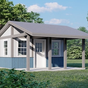 Garden Storage Shed Plans with porch 16x16 Outdoor Small House Building Blueprints
