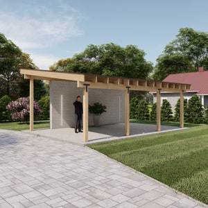 16x24 Lean to Pavilion Plans with Concrete Wall, Modern Carport ,Canopy Blueprints