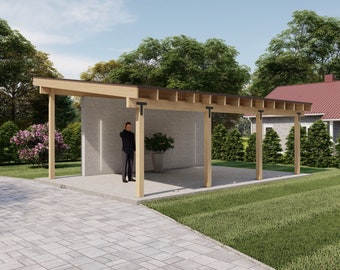 16x24 Lean to Pavilion Plans with Concrete Wall, Modern Carport ,Canopy Blueprints