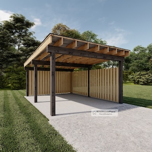 Modern Carport Plans, 14&#39;x18&#39;-6&#39;&#39; Lean to Pavilion Blueprints, One Car Easy-to-Follow Carport Garage Drawings.
