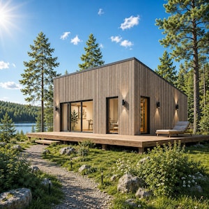 May include: A modern, single-storey cabin with vertical light wood cladding and a flat, slanted roof. The structure features large glass sliding doors, a wooden deck, and exterior wall-mounted lights. It is situated in a forest near a lake.