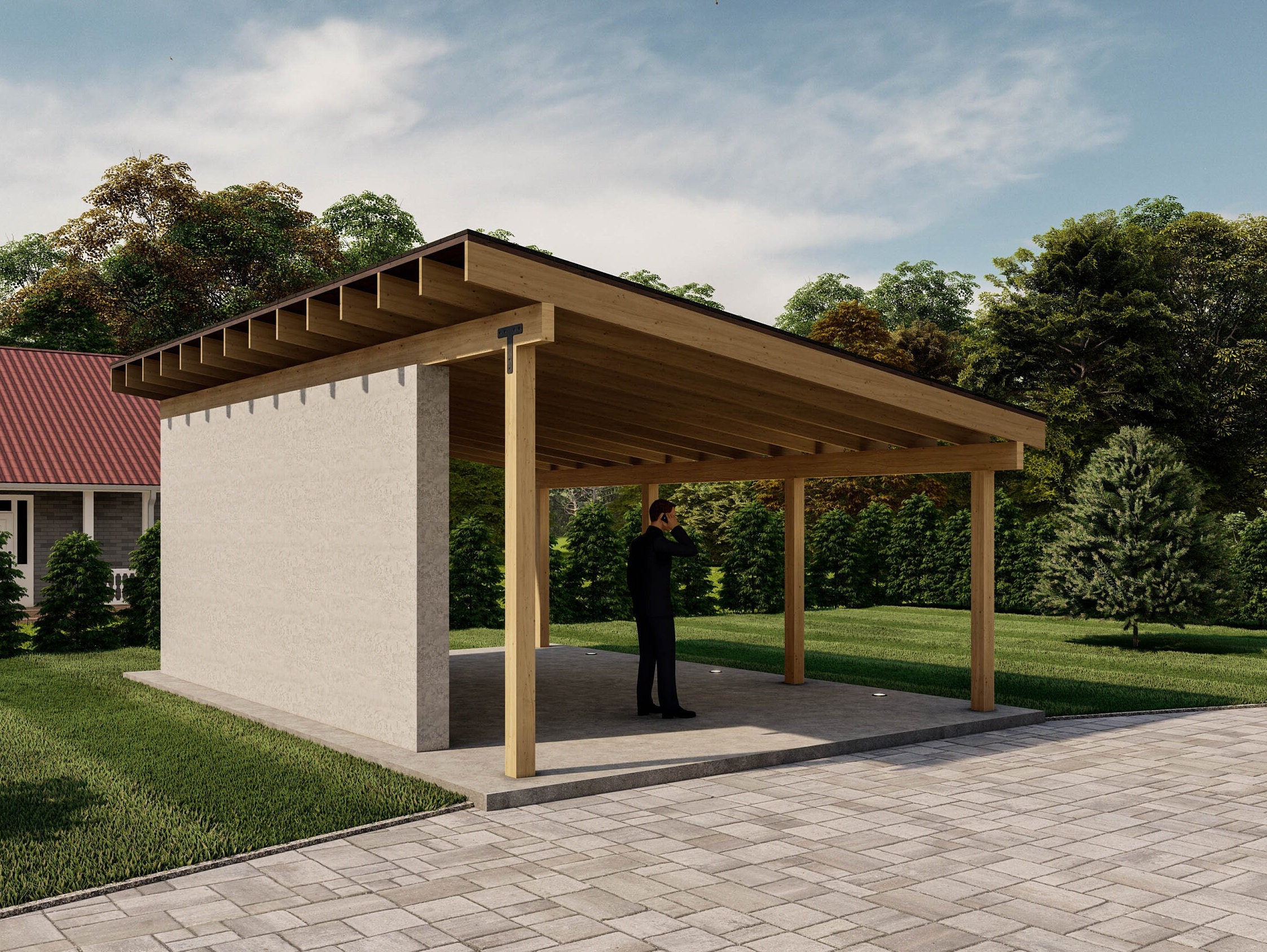 16x24 Lean to Pavilion Plans With Concrete Wall, Modern Carport ,canopy