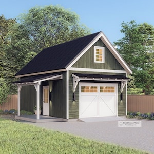 Single Garage Architectural Plan with Loft, 16&#39;x24&#39; Traditional One Car Garage Blueprint