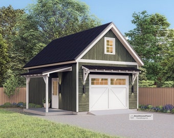 Single Garage Architectural Plan with Loft, 16&#39;x24&#39; Traditional One Car Garage Blueprint