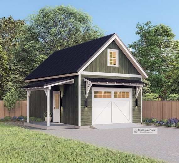 Single Garage Architectural Plan With Loft, 16'x24' Traditional
