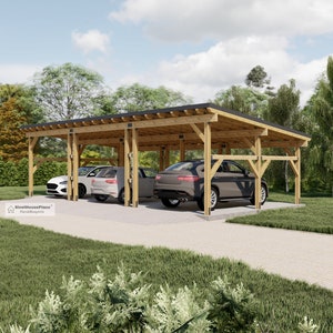3 Car Carport Plans, Modern 36'-3''x18' Lean to Pavilion Blueprints