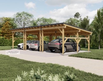 3 Car Carport Plans, Modern 36'-3''x18' Lean to Pavilion Blueprints