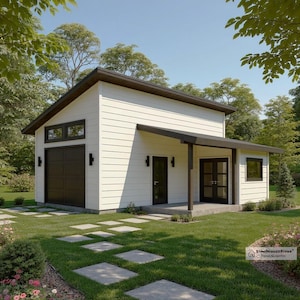 Moderne vrijstaande garageplattegronden voor 1 auto, 24'x28' garageblauwdrukken met werkplaats en veranda met schuurtje