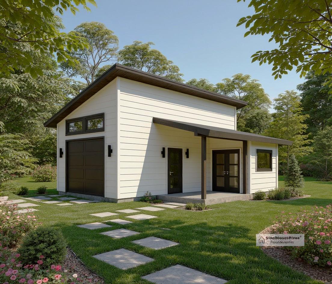 1-Car Modern Detached Garage Plans, 24'x28' Garage Blueprints with Workshop and Shed Roof Porch