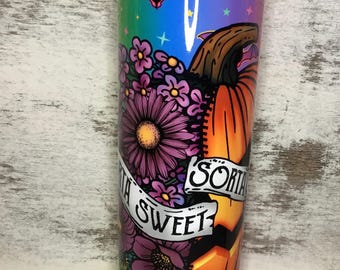 May include: A stainless steel tumbler with a colorful design featuring a pumpkin, flowers, bats, and the text "Sorta Sweet".