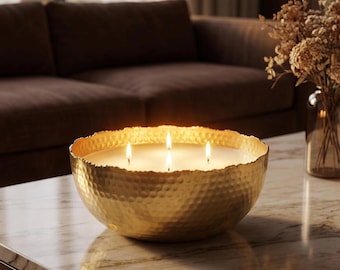 Luxury Extra Large 3-Wick 90oz Coconut Soy Wax Candle in Decorative Bronze Bowl - Hand Poured Scented Candle
