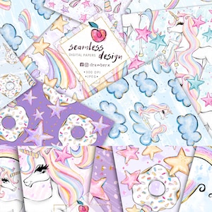 Rainbow Unicorn Digital Paper - 32 Pastel Unicorn Seamless Files - Pink Girly Glitter, Baby Girl, Cute Kids, Fabric & POD Seamless Pattern