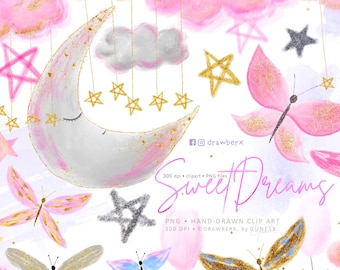 Sweet Dreams - Hand Drawn Clipart Set - Baby Girl Nursery PNG, Sleepy Moon, Pink Clouds with stars, Glitter Butterflies, Cute Sublimation