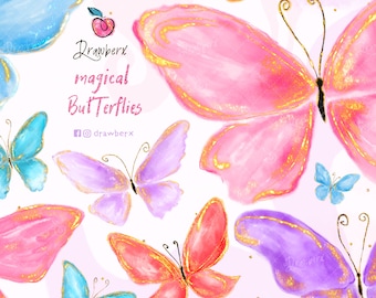Purple Pink Butterfly Clipart - 7 Hand Painted Watercolor Butterflies - Pastel Glitter, Spring, Cute Kids & Baby PNG, Fairy Clipart