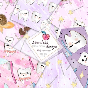 Tooth Fairy, dental Digital Paper, tooth Seamless Pattern | dentist, seamless file, scrapbook paper, digital background, kids fabric, pod