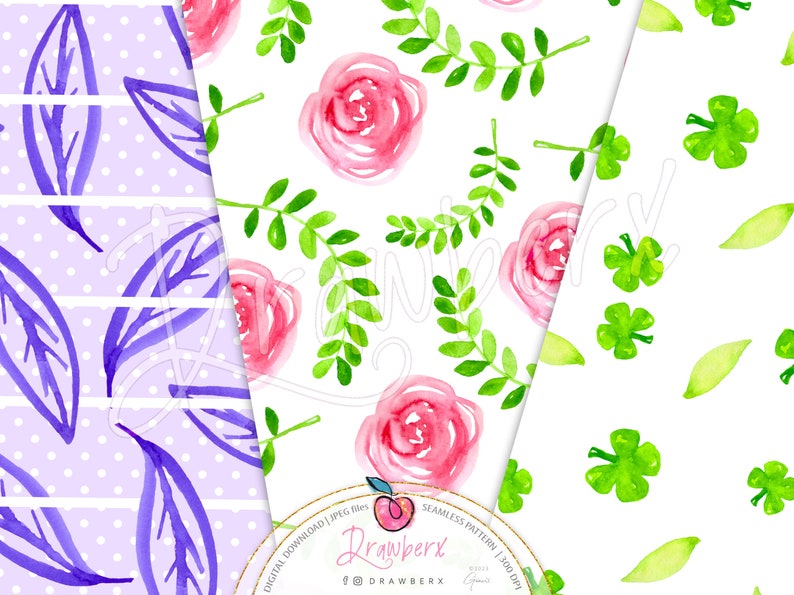 Watercolor Floral Digital Papers, 24 Seamless Pattern Files / floral summer, watercolor spring flowers pattern, digital background image 4