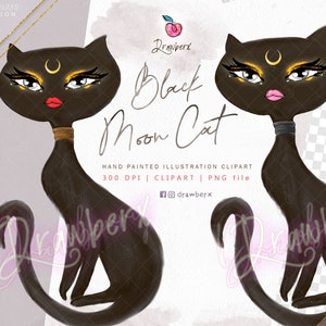 Glam Cat Clipart, Black cat png, Witchy Moon Cat, Halloween fashion illustration, glam doodles, whimsical art, witch, wicca graphics image 1