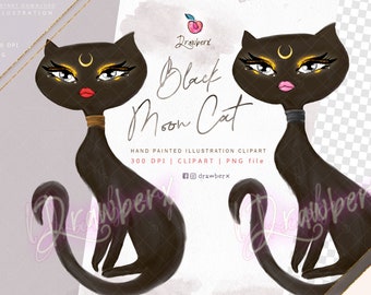 Glam Cat Clipart, Black cat png, Witchy Moon Cat, Halloween fashion illustration, glam doodles, whimsical art, witch, wicca graphics