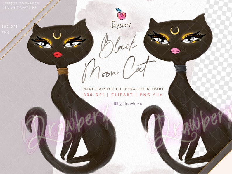 Glam Cat Clipart, Black cat png, Witchy Moon Cat, Halloween fashion illustration, glam doodles, whimsical art, witch, wicca graphics image 1