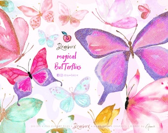 Glitter Butterfly Clipart, 12 hand-painted, Watercolor Butterflies, Magical Fairy Wings png, pink, cute digital butteflies, baby shower