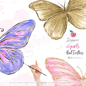 Puede incluir: Un conjunto de tres im&aacute;genes digitales de clip art de mariposas con detalles de purpurina. Las mariposas son de color morado, rosa y dorado. El texto "Drawberx clip arts Butterflies" est&aacute; en la imagen.